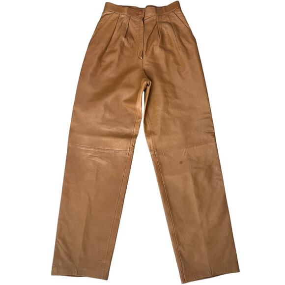 Vintage 80’s Leather Pleated Trousers Womens 8 Tan Betty Hanson Tapered Hi Rise - Picture 1 of 11